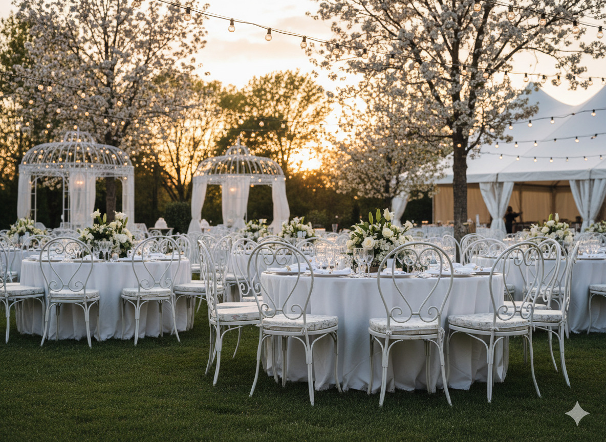 Weiße Gartenstühle für Feiern